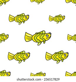 Funny doodle fantasy colorful aquarium fish vector seamless pattern on white background