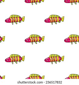 Funny doodle fantasy colorful aquarium fish vector seamless pattern on white background