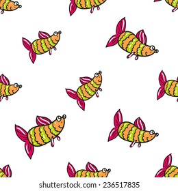 Funny doodle fantasy colorful aquarium fish vector seamless pattern on white background