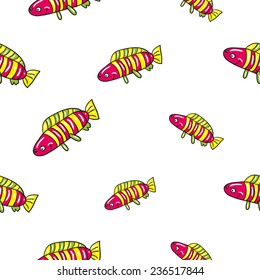 Funny doodle fantasy colorful aquarium fish vector seamless pattern on white background