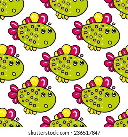 Funny doodle fantasy colorful aquarium fish vector seamless pattern on white background