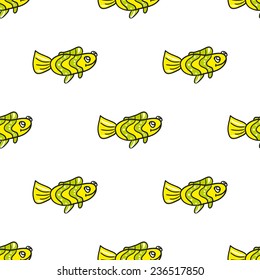 Funny doodle fantasy colorful aquarium fish vector seamless pattern on white background