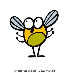 Graciosa mosca de doodle dibujada a mano en estilo de caricatura. Ilustración vectorial del insecto del personaje de dibujos animados.  
