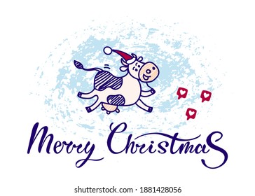 Funny doodle Friesian cow on Merry Christmas hand drawn lettering running and celebrating New Year with heart as like concept from social networks. Template for posters, cards, flyers, milk packages.