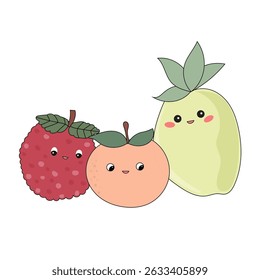 Funny Doodle Fruit Berry Character Icon. Cartoon Positive Hand Drawn Outline Fresh Vitamin Food Symbol. Bright Happy Smiling Fruit Element. Baby Shower Greeting Card or Birthday Party Decoration. 