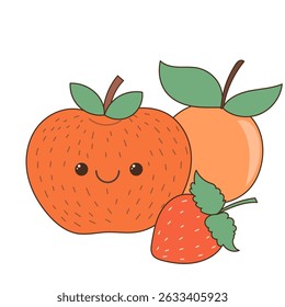 Funny Doodle Fruit Berry Character Icon. Cartoon Positive Hand Drawn Outline Fresh Vitamin Food Symbol. Bright Happy Smiling Fruit Element. Baby Shower Greeting Card or Birthday Party Decoration. 
