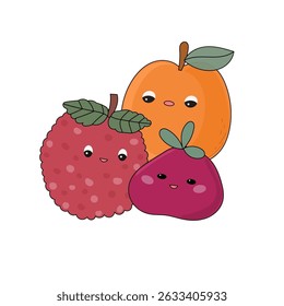 Funny Doodle Fruit Berry Character Icon. Cartoon Positive Hand Drawn Outline Fresh Vitamin Food Symbol. Bright Happy Smiling Fruit Element. Baby Shower Greeting Card or Birthday Party Decoration. 
