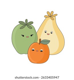 Funny Doodle Fruit Berry Character Icon. Cartoon Positive Hand Drawn Outline Fresh Vitamin Food Symbol. Bright Happy Smiling Fruit Element. Baby Shower Greeting Card or Birthday Party Decoration. 