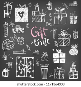 Funny doodle gift boxes holiday icons collection. Hand kids drawn skethes. Gift time, lettering