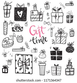 Funny doodle gift boxes holiday icons collection. Hand kids drawn skethes. Gift time, lettering
