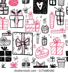 Funny doodle gift boxes holiday seamless pattern. Hand kids drawn sketches. Gift time, lettering