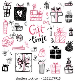 Funny doodle gift boxes holiday icons collection. Hand kids drawn skethes. Gift time, lettering