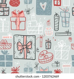Funny doodle gift boxes holiday seamless pattern. Hand kids drawn sketches. Gift time, lettering