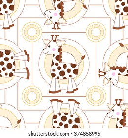 Funny doodle with giraffe for kids. Baby giraffe seamless pattern with circles. Cute cartoon and children wallpaper. Vector childish hand drawn illustration.