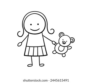 Funny doodle girl and teddy bear toy. Happy cute doodle kid and toy. Funny child with teddy bear. Hand drawn girl. Vector illustration in hand drawn style isolated on white background.