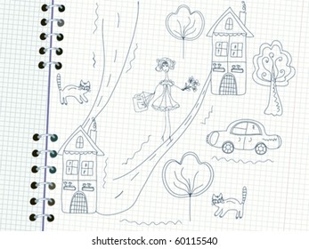 Funny doodle with girl in the town