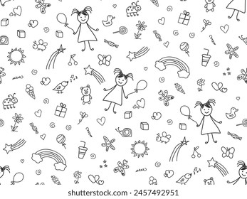 Funny doodle girls seamless pattern. Summer holidays, happy childhood illustration. Abstract outline kids drawing elements. Black and white background