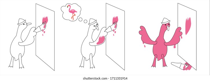 
A funny doodle goose paints a wall pink, got dirty, thought about flamingos and painted itself in vector.