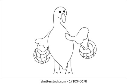 
Funny doodle goose returns from the store with full string bags. Isolated on a white background.