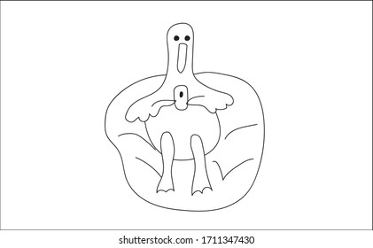Funny doodle goose sitting in a chair looking at the phone isolated on white in vector