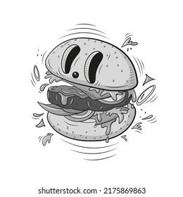 Funny doodle hamburger character. Vector hand drawn crazy burger with buns, meat, cheese and tomato slices. Sketch of fast food snack isolated on white background