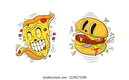 Funny doodle hamburger and pizza character. Vector hand drawn crazy burger, piece of pizza with buns, meat, cheese and tomato slices. Sketch of fast food snack isolated on white background