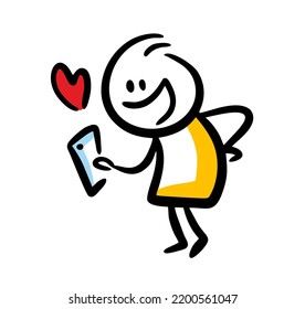 Funny doodle hand drawm man holding mobilephone and sending love message. Vector cartoon illustration isolated on white background.