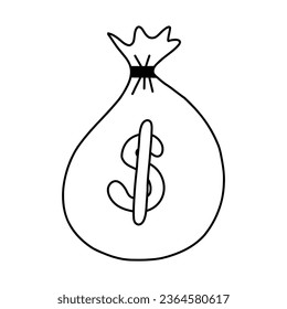 Funny doodle with hand drawn outline of money bag with dollar sign. Symbol of finance, economy, bank, success and payment in childish style. Big simple doodle moneybag isolated on white background