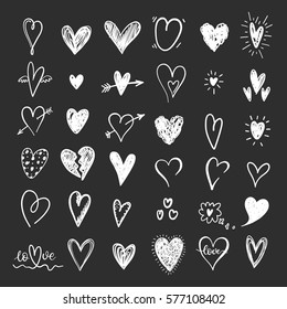 Funny doodle hearts icons collection. Hand drawn Valentines day, wedding design.