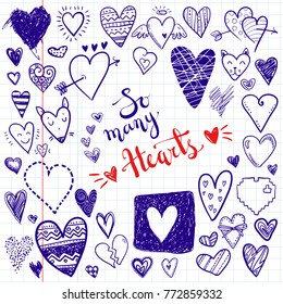 Funny doodle hearts icons collection. Hand drawn Valentines day, wedding design. Cute elegant style, modern design