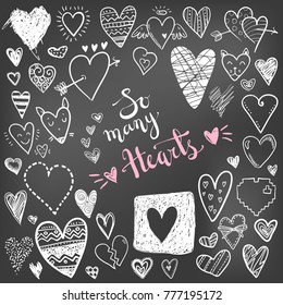 Funny doodle hearts icons collection  Hand drawn Valentines day  wedding design  Cute elegant style  modern design  school chalk board
