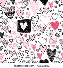 Funny doodle hearts icons seamless pattern  Hand drawn Valentines day  wedding design  Cute elegant style  modern design
