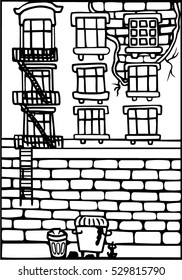 Funny doodle house. Brick wall with fire escape and cracked plaster. Vintage style. Picture for coloring. Children's wallpaper