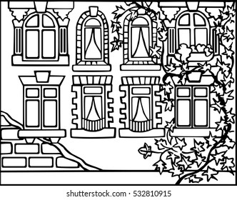 Funny doodle house. Brick wall with fire escape and cracked plaster. Vintage style. Picture for coloring. Children's wallpaper. Building's facade.