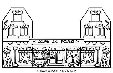 Funny doodle house. Brick wall with cafe. Vintage style. Picture for coloring. Children's wallpaper. Building's facade.