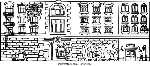 Funny doodle house. Building of fire station in New York. Vintage style. Picture for coloring