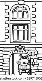 Funny doodle house. Building of fire station in New York. Vintage style. Picture for coloring.
Children's wallpaper
