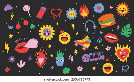 Funny doodle icons. Set of groovy abstract stickers. Roller skates, headphones, hearts, fire, waves, vibe.Nostalgia vector shapes