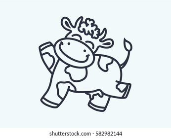 Funny doodle illustration with cute cow. Happy cartoon character. Isolated vector illustration on white background