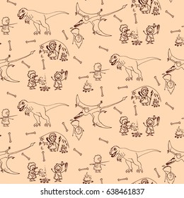 Funny doodle illustration of are dinosaurs and a cave mans. Vector seamless pattern.