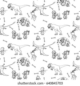 Funny doodle illustration of are dinosaurs and a cave mans. Vector seamless pattern on white background.