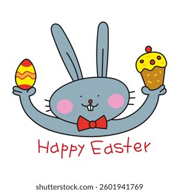 Funny doodle illustration of rabbit, hares and egg and easter cupcake on white background
