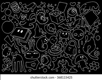 Funny doodle illustration set white on black