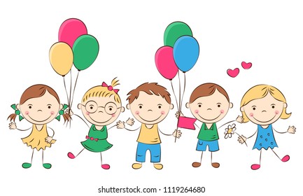 Funny doodle kids with colored flags. Happy cartoon boys and girls. Holidays, vacations, weekends. Vector illustration