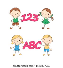 Funny doodle kids hold letters and numbers. Happy cartoon boys and girls. Education and school concept. Vector illustration