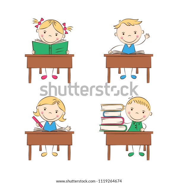 Funny Doodle Kids Sit School Desks Stock Vector Royalty Free