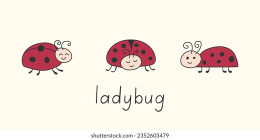 Funny doodle ladybird. Cute baby ladybugs set. Hand written lettering. Cartoon lady beetle isolated on white background