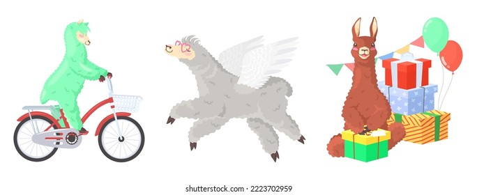 Divertido conjunto de vectores planos lamas alpacas. Bicicleta salvaje para montar en animales salvajes, sentada en boa regalo y ilustración angular flotante aislada en fondo blanco