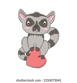Funny doodle lemur sits on top of a big heart like on a branch