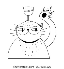 Funny doodle line art cat with wine glass on the head, contour style vector illustration